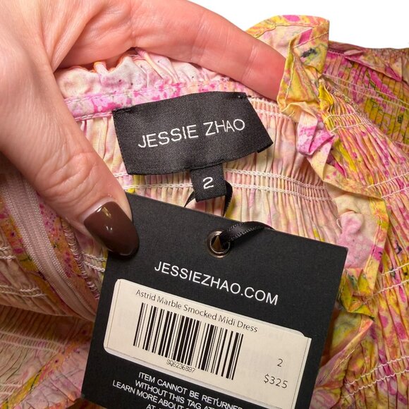 Jessie Zhao Astrid Marble Smocked Midi Dress Pink Yellow Size 2 NWT Cotton - Picture 2 of 6